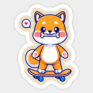 Cute Shiba Inu Bite Bone On Skateboard Cartoon Sticker